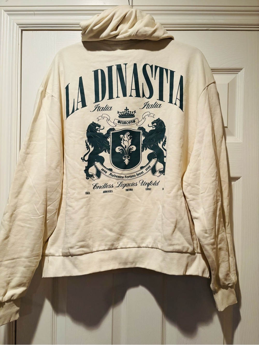 ASOS Cream Crewneck Sweater with Dark Green Crest Graphic